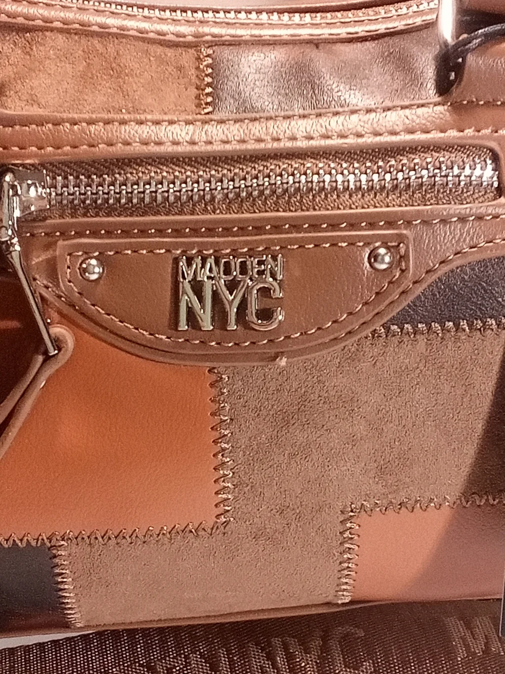 Madden NYC Brown Patchwork Satchel Top Handle, Small, Detachable Strap Zip